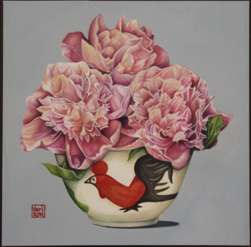 Peonies in a Lampang Rooster Bowl