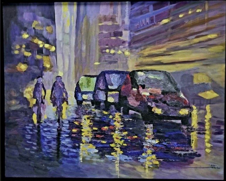 Impasto Cars and Cyclists in the Rain