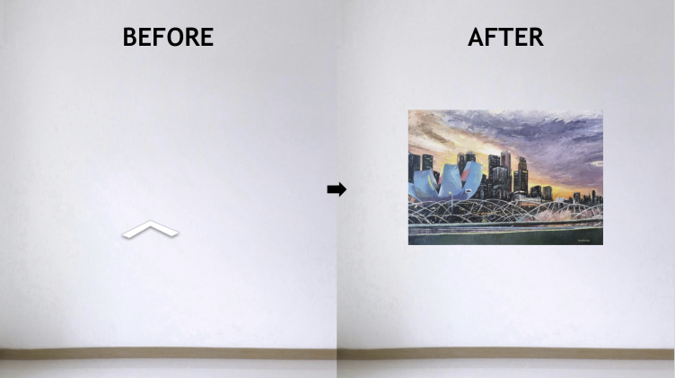 Room: Northshore Straits View 3-Room HDB Flat [Virtual Viewing]. Available at https://services2.hdb.gov.sg/mnh/vt/northshore_straitsview/virtual_tour/layout5/index.htm. Painting: Koh, G (2022). Art Science Museum and Skyline.