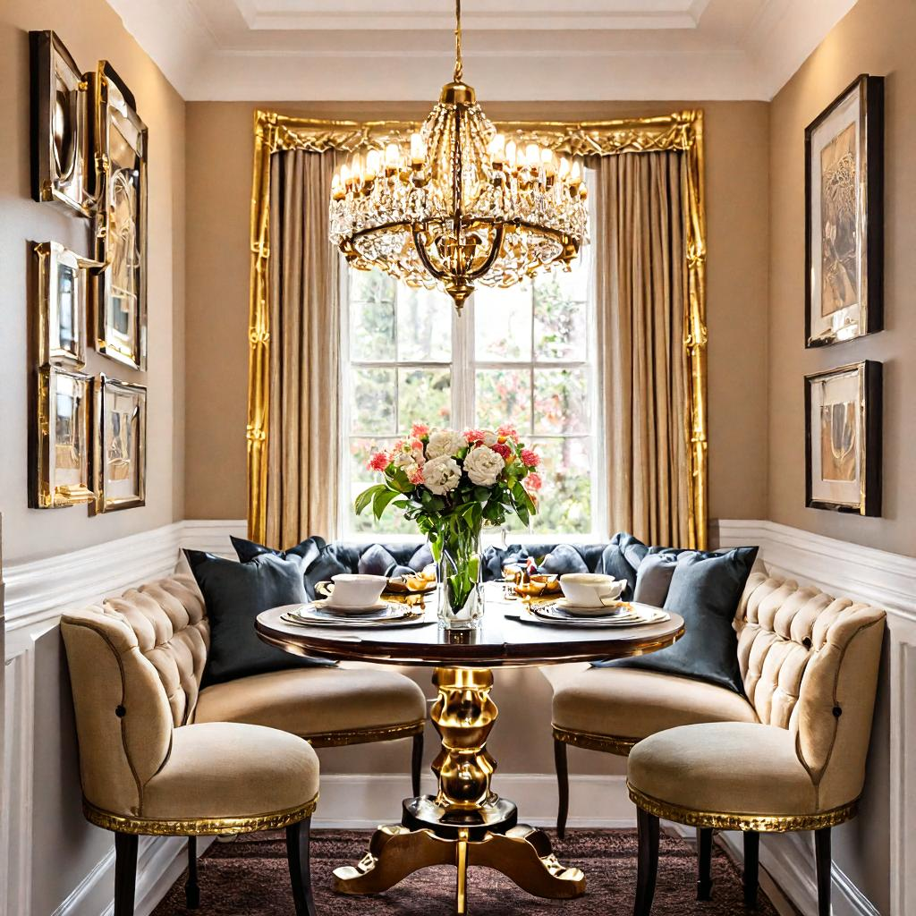  petite dining nook adorned with gold-accented chairs